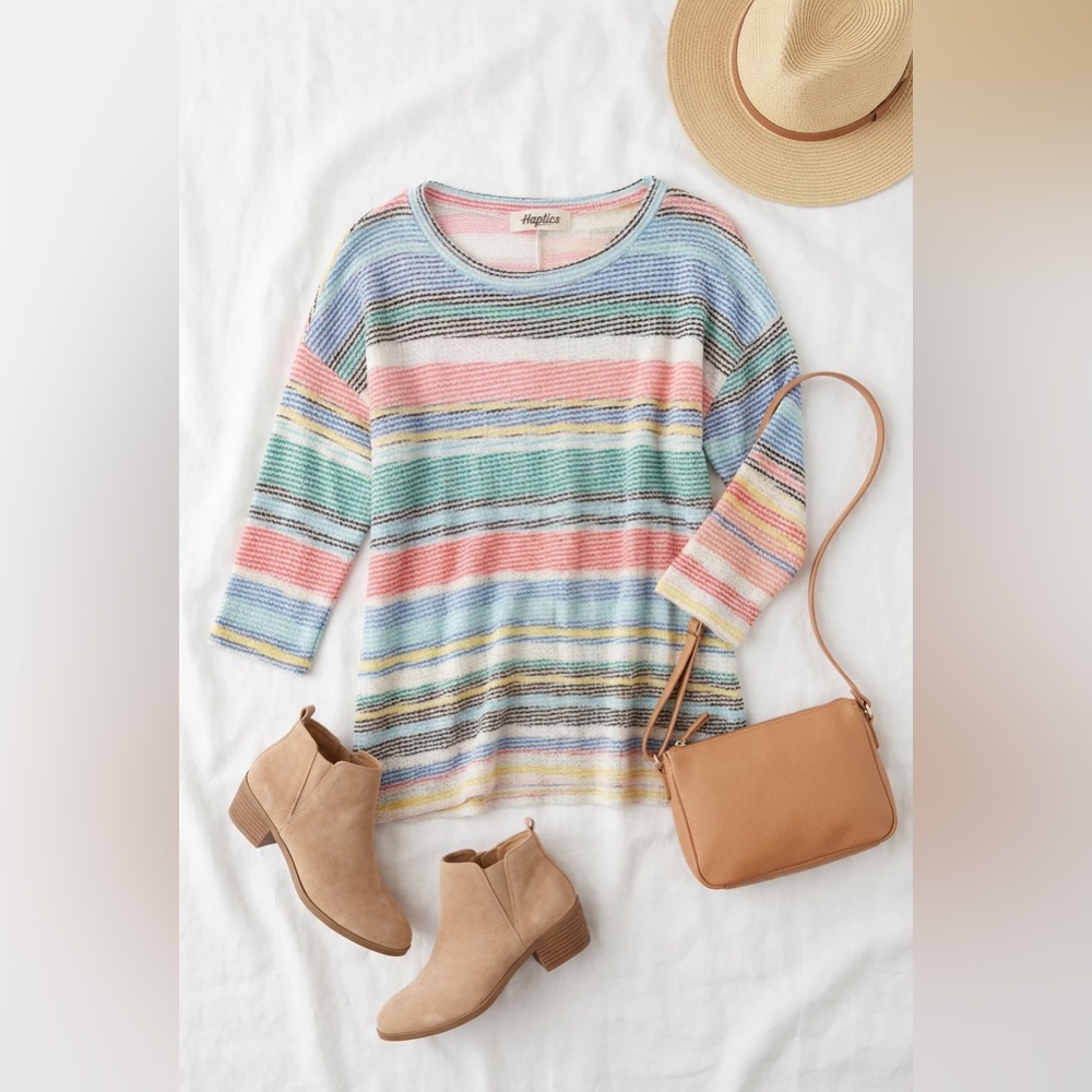 B087 Haptics Jacquard Multi Color Stripe 3/4 Sleeve Top
